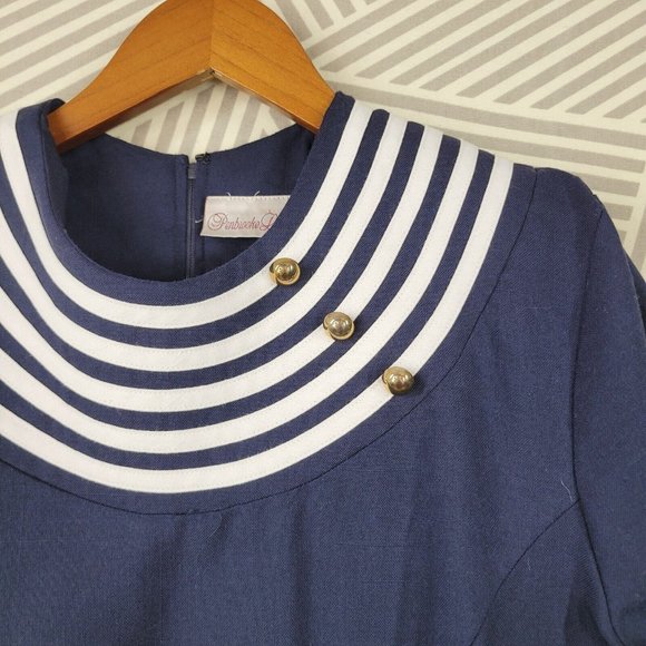Vintage 90s Sailor Shirt Dress Size 12 Midi Navy Blue Embroidered Stripe Sheath - Picture 3 of 7